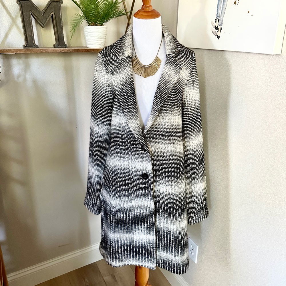 Lucky Stripe Sweater Coat Shacket Blazer Long Pockets Black Stripe Knit wool